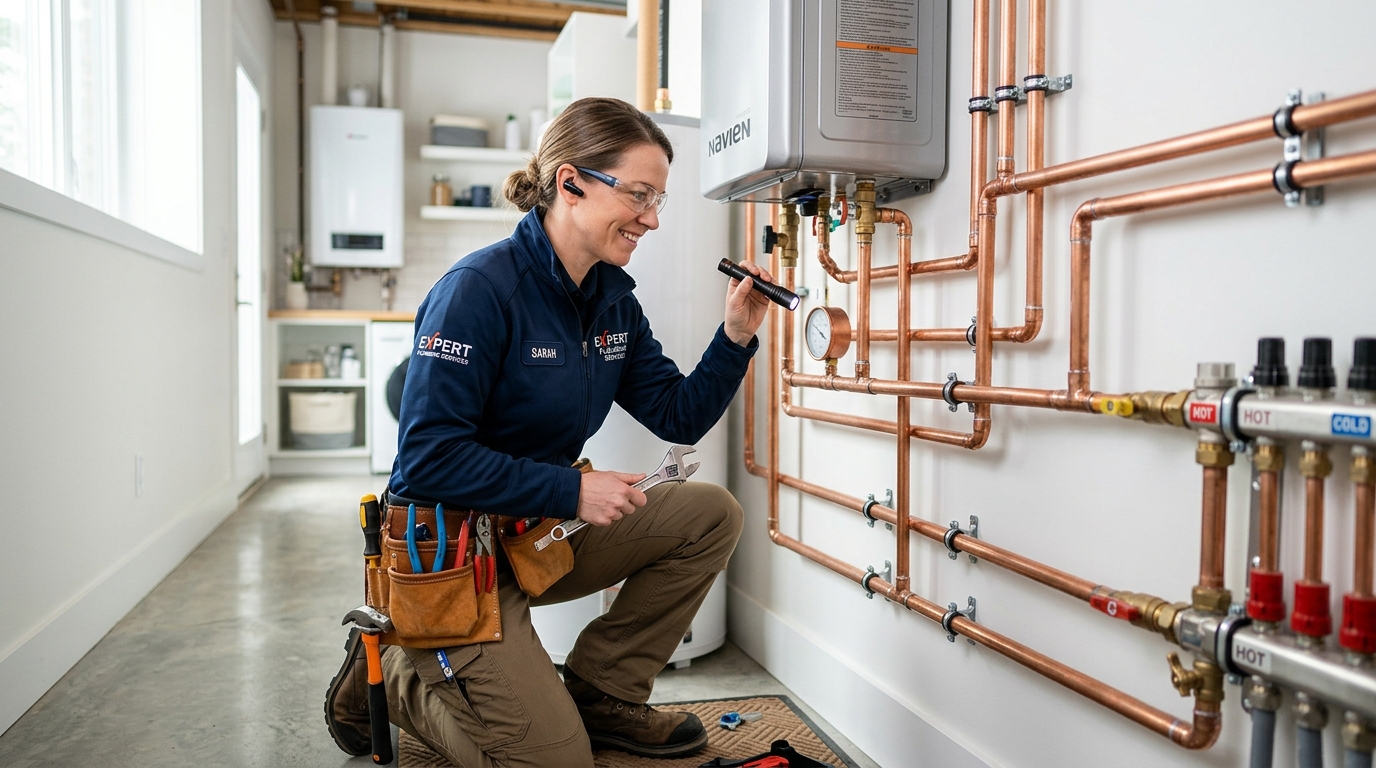 Professional plumber inspecting residential copper pipe plumbing system in Grayson GA